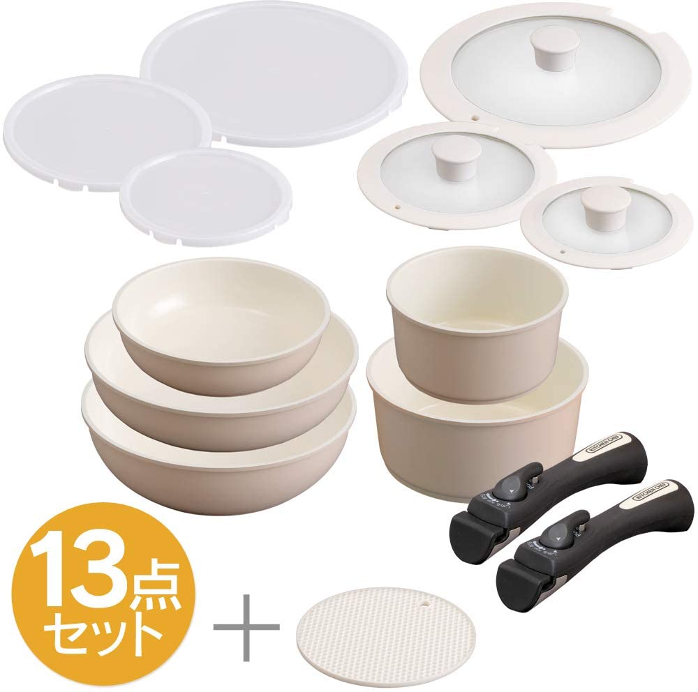 預訂｜全港免運｜日本 Iris Ohyama Ceramic Color Pan 可拆式把手 慳位方便 陶瓷鍋具廚具套裝 IH對應 (13件套裝 米色)｜《約10-14個工作天內寄出》